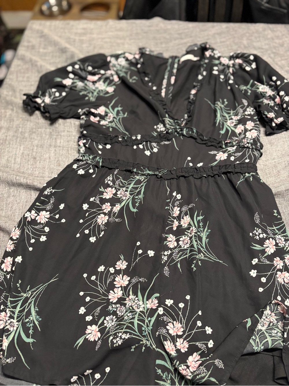 Francesca’s Mi Ami  Black Floral romper  with Pink & Green Accents - Picture 3 of 4